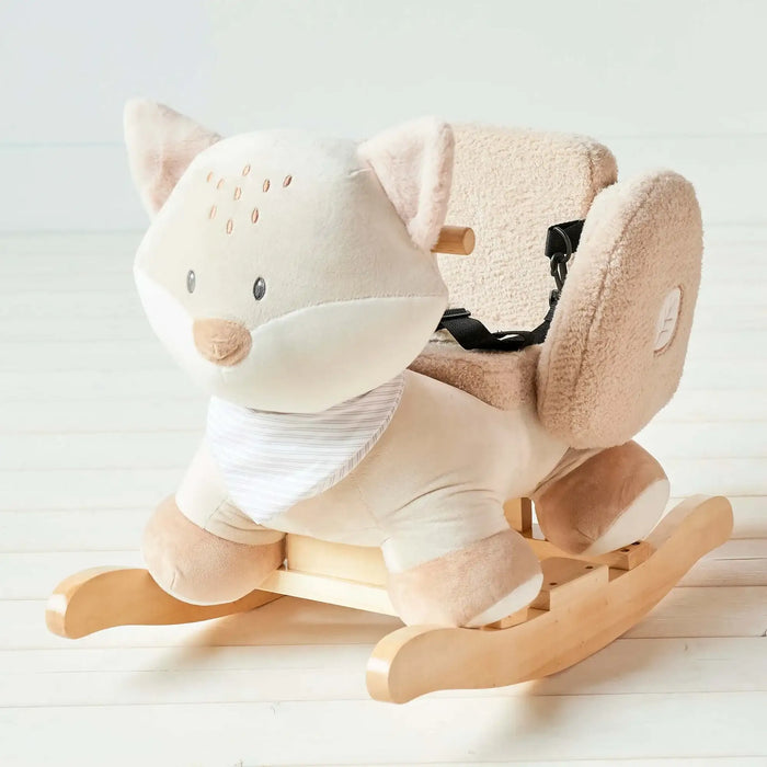 Plush rocking horse toy with a cat design on a light background