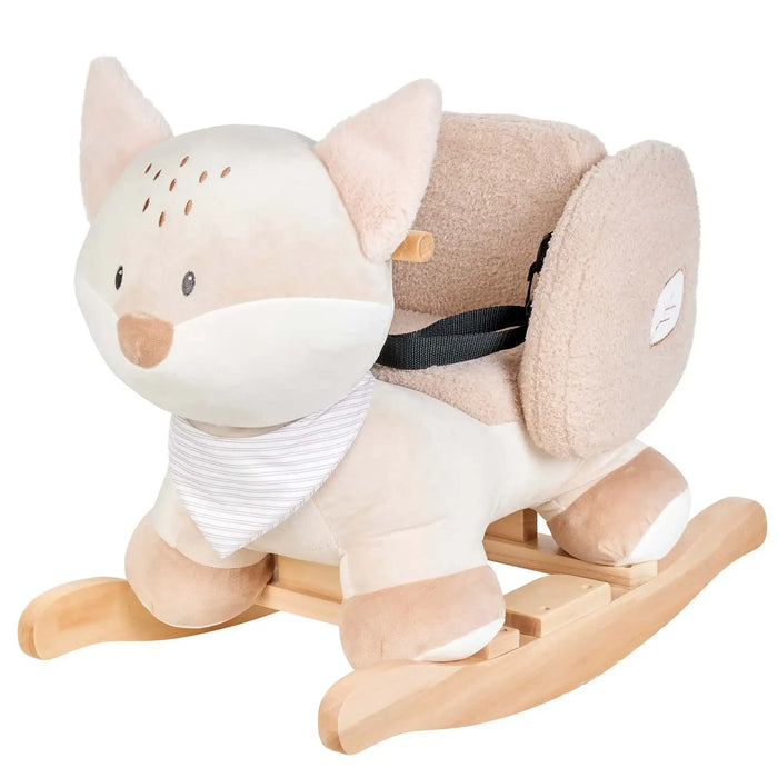 Children's rocking toy shaped like a fox with wooden base on a white background