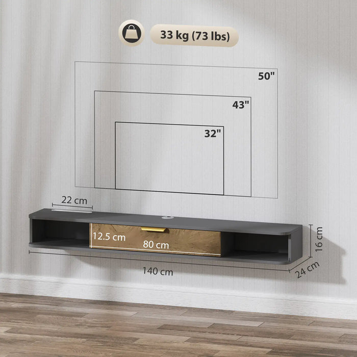Floating TV cabinet in black and wood finish with storage compartments and cable management, wall-mounted