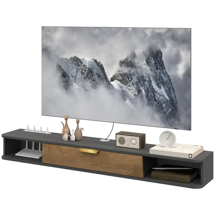 Floating TV cabinet in black and wood finish with cable management, decorated with cat figurines, clock, radio, and books