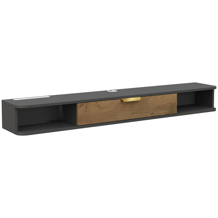 Floating TV cabinet with black frame, wood drawer, cable management, modern media console