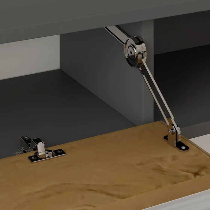 close-up of metal hinges and support arm on black and wood floating TV cabinet for storage and cable management