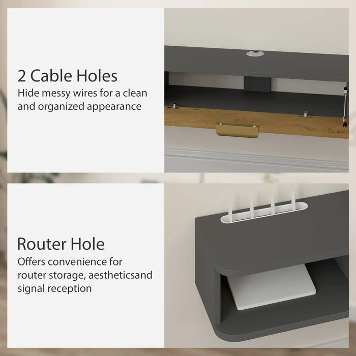 Black and wood floating TV cabinet with two cable holes and router hole for organized wires and storage