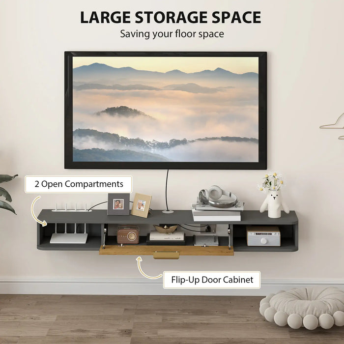 Floating black and wood TV cabinet with flip-up door and two open compartments for storage and cable management