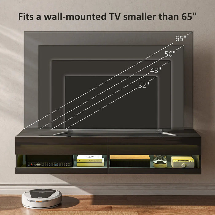 Wall-mounted floating TV stand in black with LED lights, fits TVs up to 65 inches with storage shelves