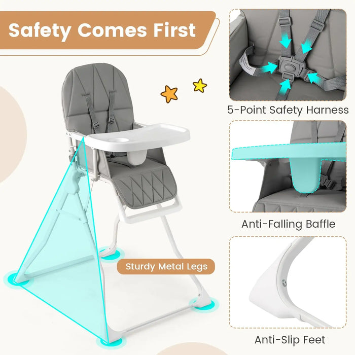 Foldable Baby High Chair – Grey | Adjustable Tray and Footrest - 5-Point Harness COSTWAY - Little and Giant Explorers Costway