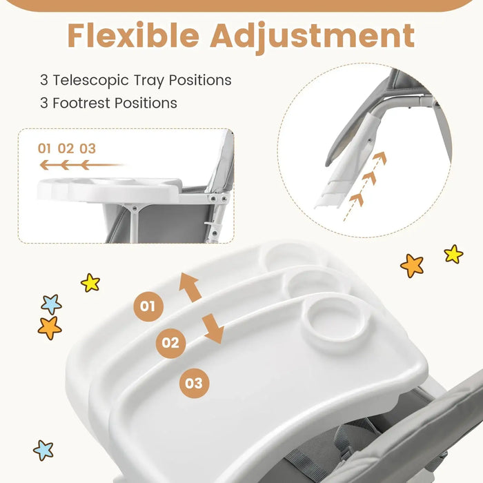 Foldable Baby High Chair – Grey | Adjustable Tray and Footrest - 5-Point Harness COSTWAY - Little and Giant Explorers Costway