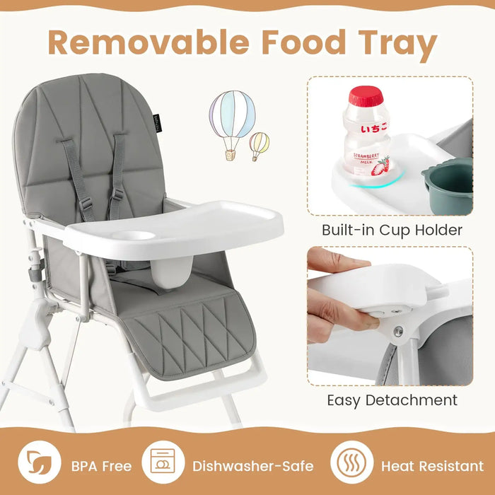 Foldable Baby High Chair – Grey | Adjustable Tray and Footrest - 5-Point Harness COSTWAY - Little and Giant Explorers Costway