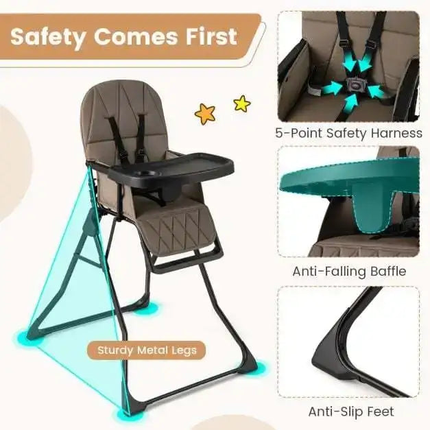 Foldable Baby Highchair – Coffee | Portable Feeding Chair - Adjustable Tray and Footrest COSTWAY - Little and Giant Explorers Costway