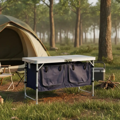 Foldable camping cupboard with storage, set up at a forest campsite near a tent.