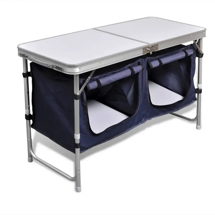 Foldable camping cupboard with two storage compartments and aluminum frame