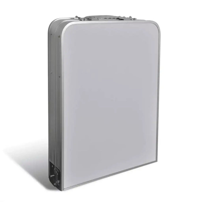 Foldable camping cupboard in portable, closed suitcase form on a white background