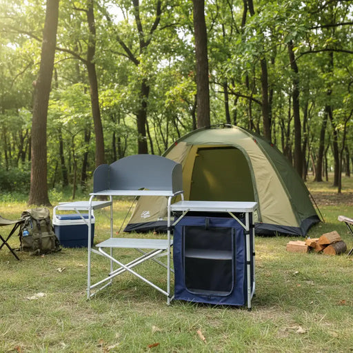 Foldable camping kitchen unit with windscreen and storage set up outdoors by a tent