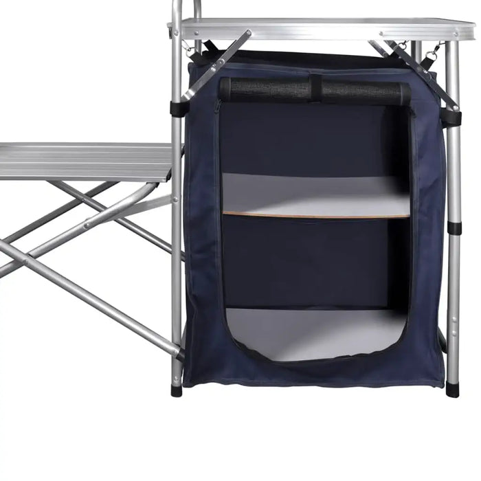 Foldable camping kitchen unit with shelves, portable outdoor cooking station, windscreen