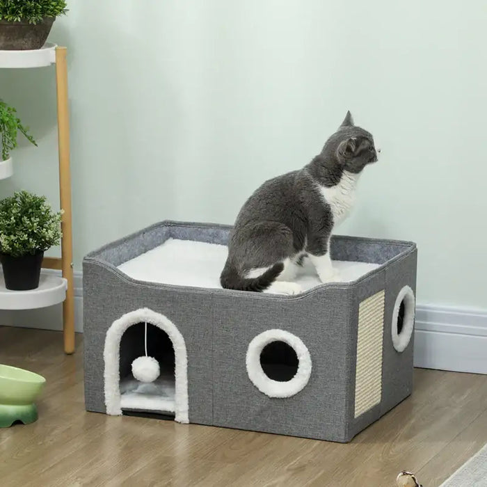 Foldable Cat House | Raised Bed - Cushion, Hideaway Cave and Sisal Scratching Pad PAWHUT - Little and Giant Explorers PawHut