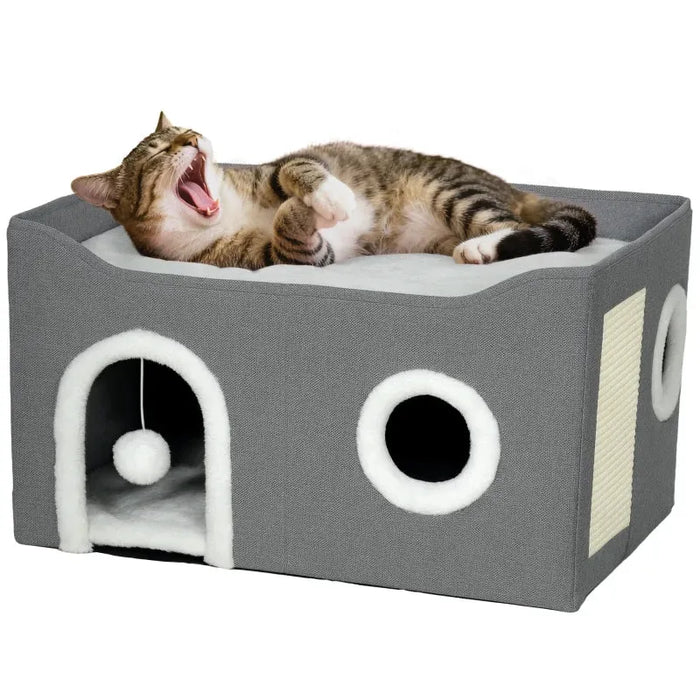 Foldable Cat House | Raised Bed - Cushion, Hideaway Cave and Sisal Scratching Pad PAWHUT - Little and Giant Explorers PawHut