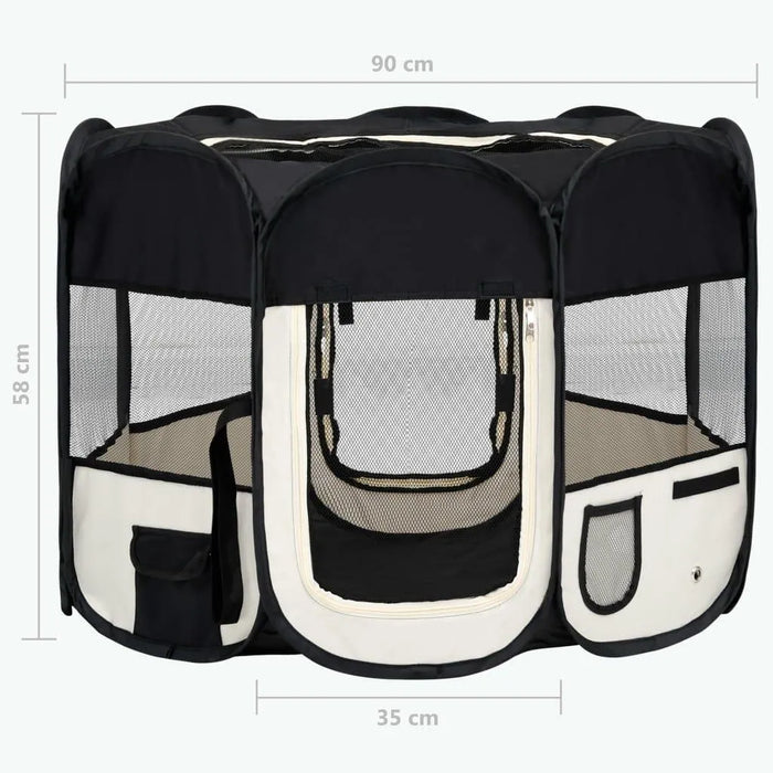 Foldable black and cream dog playpen portable pet enclosure with mesh panels, 90x58x35cm