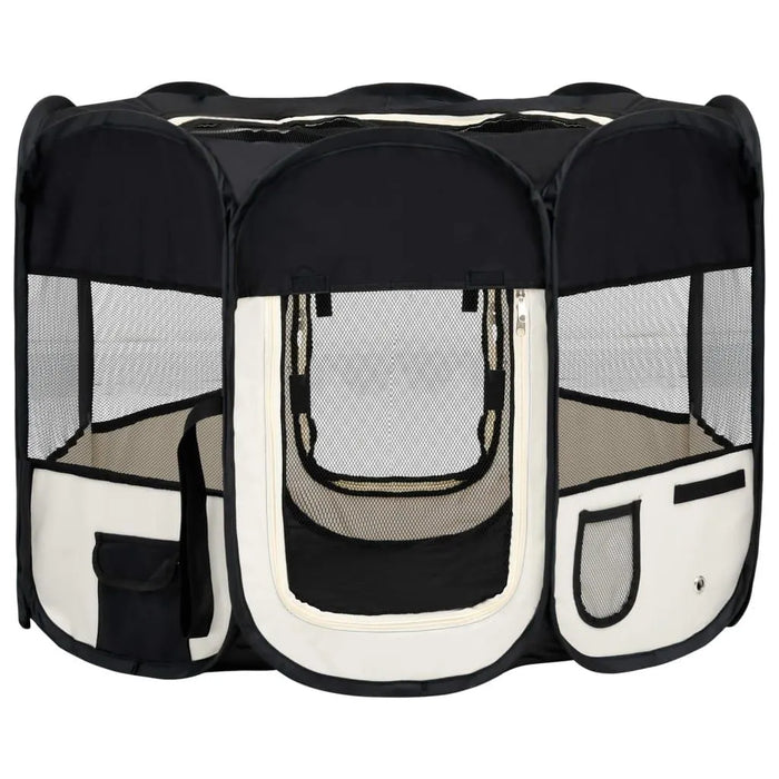 Foldable dog playpen black and cream with mesh windows and zippered door