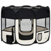 Foldable dog playpen black and cream with mesh windows and zippered door