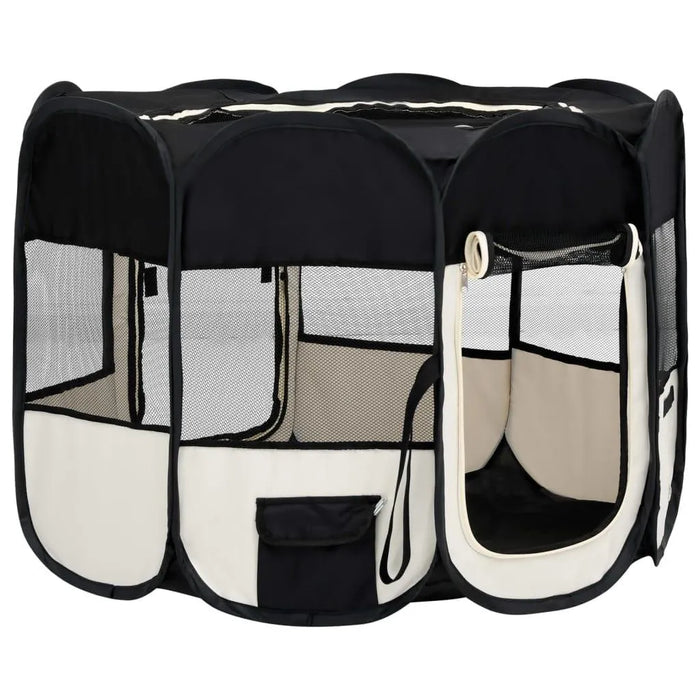 Foldable black and cream dog playpen with mesh panels and a zippered door