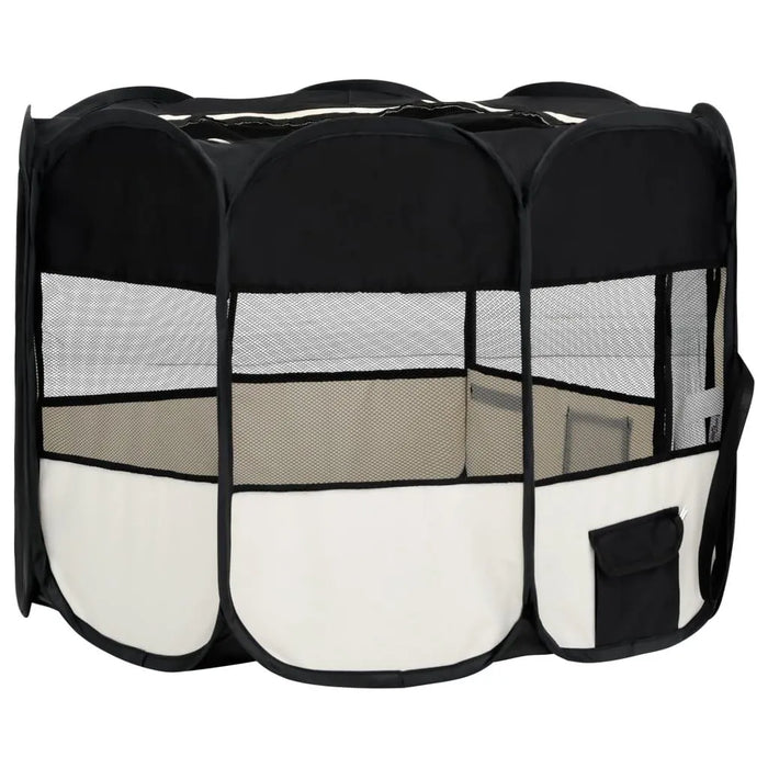Black and cream foldable dog playpen with mesh panels and carry bag pocket