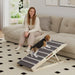 Beagle puppy climbing wooden pet ramp indoors with woman sitting on beige sofa