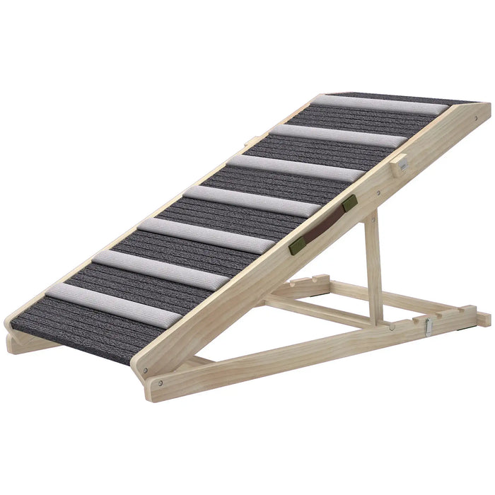 Adjustable wooden pet ramp with gray carpeted surface and fabric grips for easy climbing