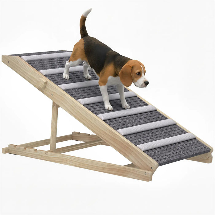 Beagle dog on adjustable wooden pet ramp with gray carpeted surface