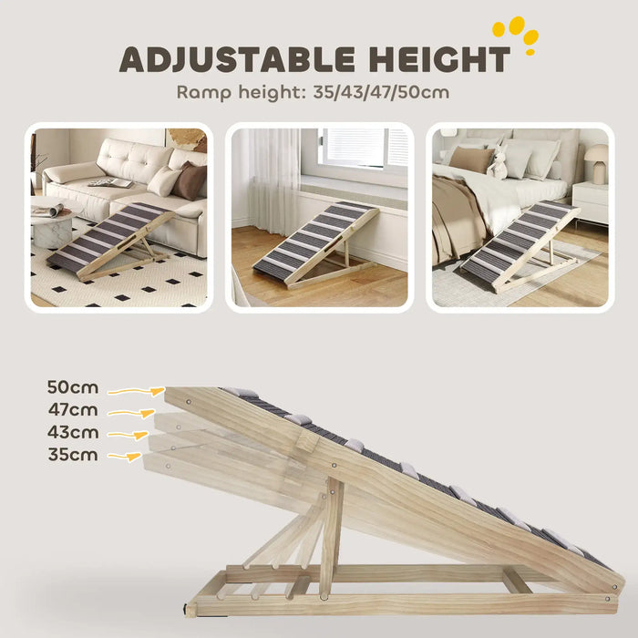 Adjustable wooden pet ramp with gray carpet, showing four height settings: 35, 43, 47, 50 cm in living and bedroom