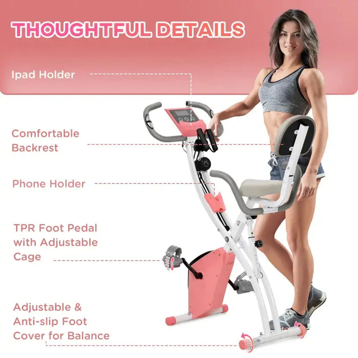 Foldable Exercise Bike with Magnetic Resistance - Pink | LCD Monitor and Tension Ropes HOMCOM - Little and Giant Explorers HOMCOM