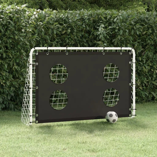 Foldable football goal with steel frame, shot target holes, and soccer ball on grass