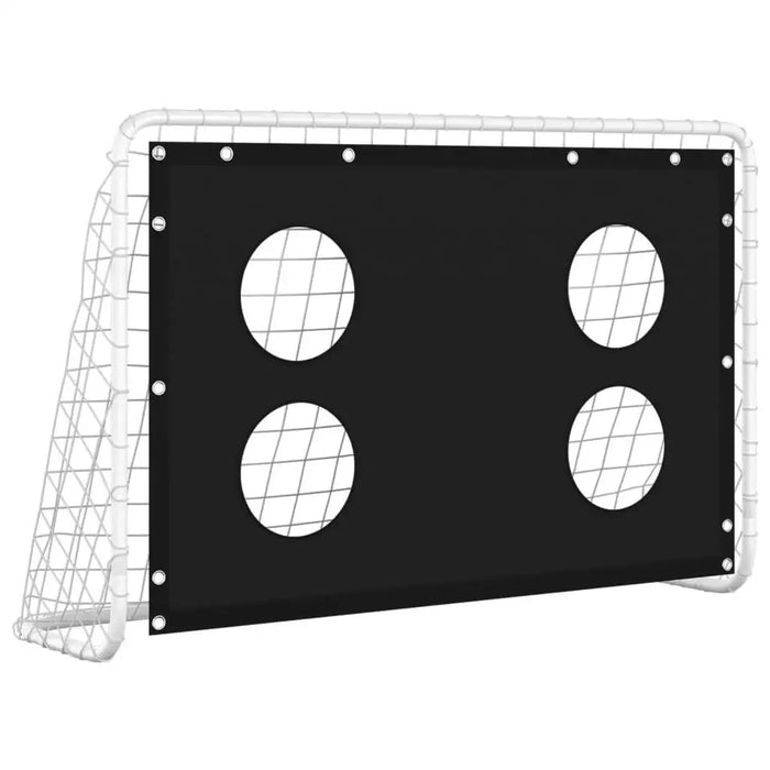 Foldable football goal with steel frame and black target shot wall with four holes