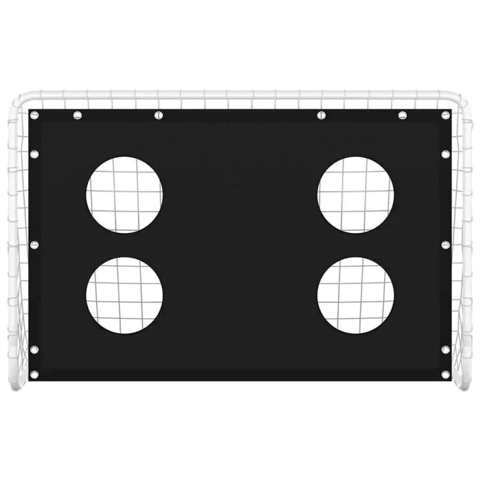 Foldable football goal with steel frame, goal wall and four target shot holes