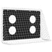 Foldable football goal with steel frame, net, and black target shot wall with four holes