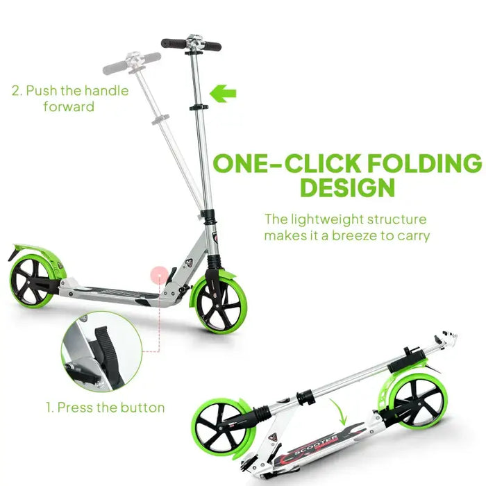 Foldable Kick Scooter – Green | Aluminium Frame - Adjustable Handlebar and Rear Brake HOMCOM - Little and Giant Explorers HOMCOM