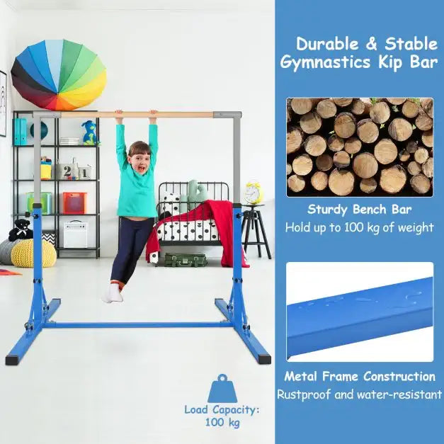 Foldable Kids Gymnastics Bar - Blue Steel Frame | 13-Level Adjustable Height COSTWAY - Little and Giant Explorers Costway