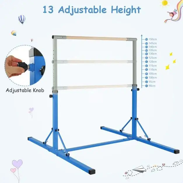 Foldable Kids Gymnastics Bar - Blue Steel Frame | 13-Level Adjustable Height COSTWAY - Little and Giant Explorers Costway