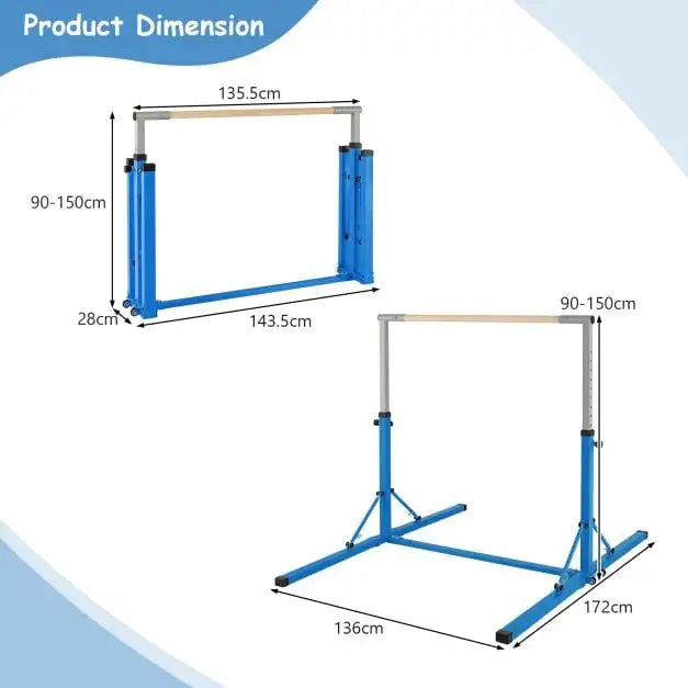 Foldable Kids Gymnastics Bar - Blue Steel Frame | 13-Level Adjustable Height COSTWAY - Little and Giant Explorers Costway
