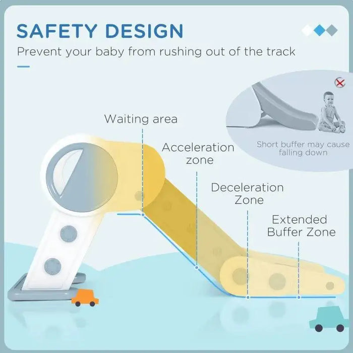 Foldable kids slide in grey with labeled safety zones and space-saving design illustration.
