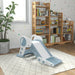 Foldable grey kids slide in playroom with bookshelf and indoor plant