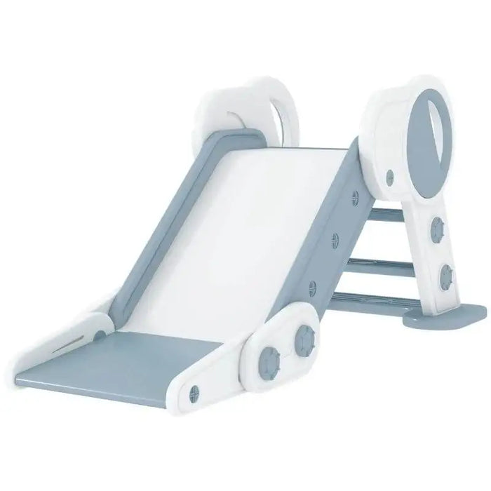 Foldable grey and white kids slide with space-saving design and three safety zones