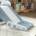Foldable grey kids slide with safety zones in a playroom, bookshelves in background.