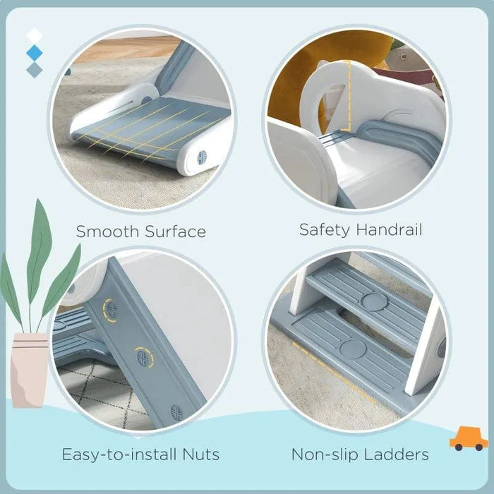 Grey foldable kids slide features smooth surface, safety handrail, easy-to-install nuts, non-slip ladders.