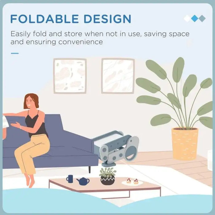 Foldable grey kids slide stored beside sofa in modern living room, space-saving design