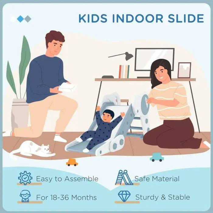 Parents assembling foldable grey kids slide indoors, toddler sliding, family, indoor play equipment.