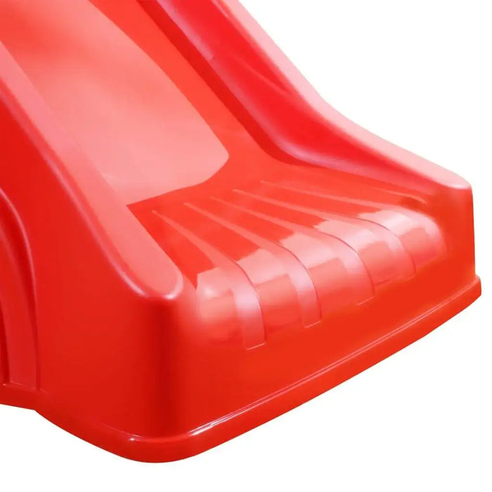 Close-up of a red foldable kids slide with UV-resistant plastic for indoor and outdoor use
