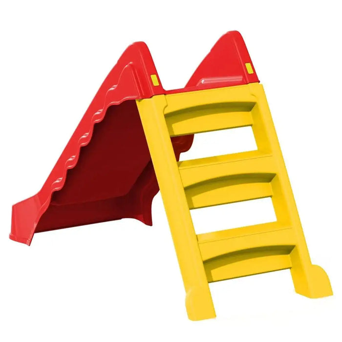 Foldable kids slide with yellow steps and red slide for indoor or outdoor play