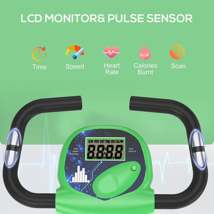 Green exercise bike monitor with digital display on a green background