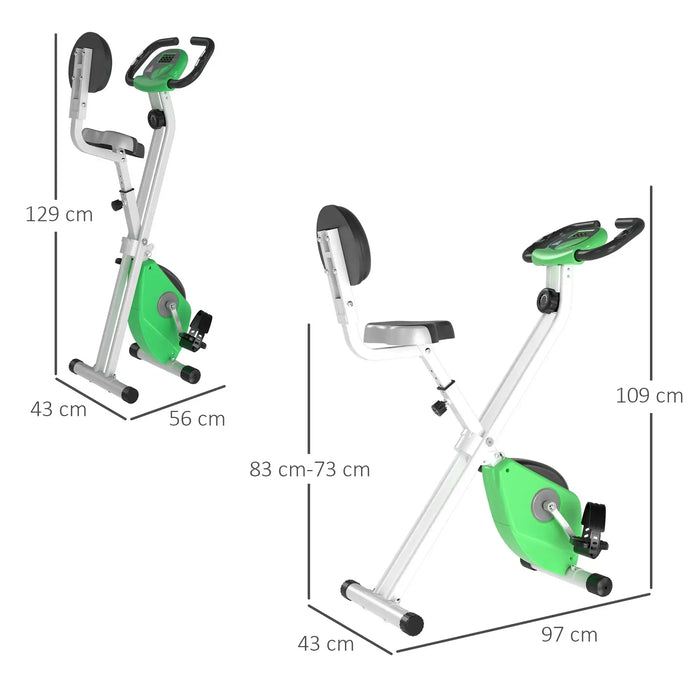 Green exercise bike with dimensions labeled on a white background