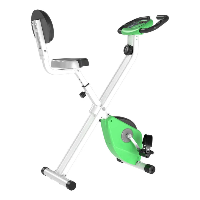 Green and white exercise bike on a white background